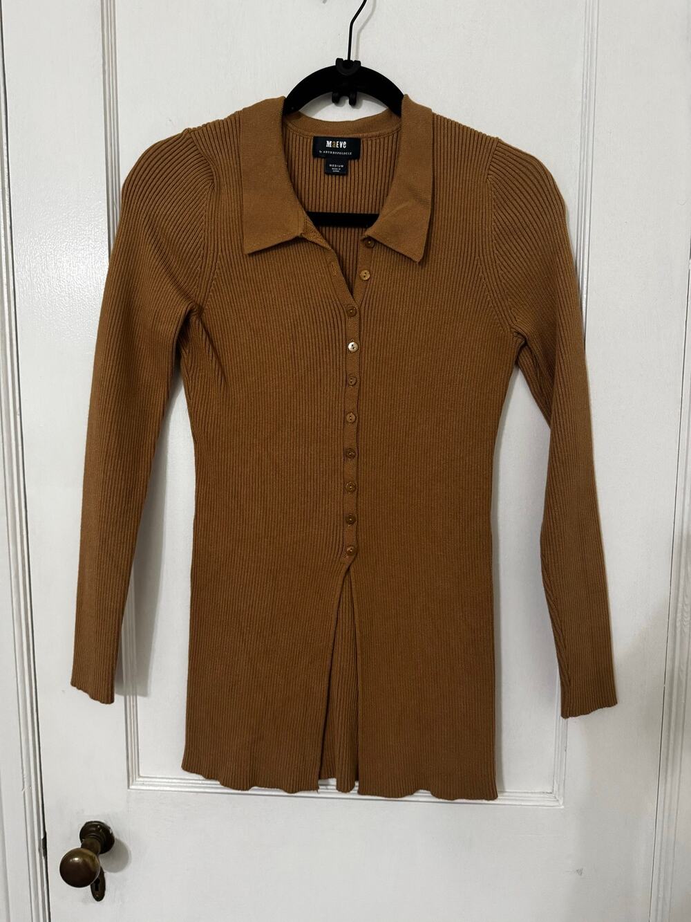 Maeve by Anthropologie Camel Tan Ribbed Knit Button Front Polo Cardigan